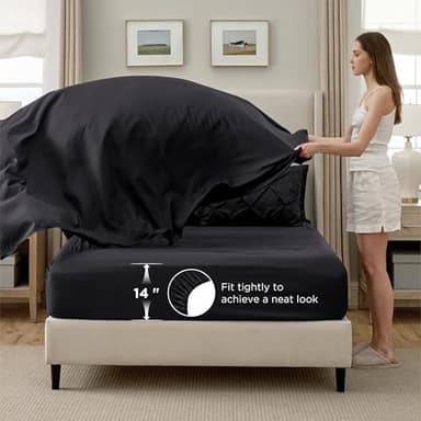 Bedsure Queen Comforter Set Black - Bed in a Bag Queen Size 7 Pieces, GentleSoft™ Pintuck Bed Set Gift for Family, Pinch Pleat Black Comforter with Sheets, Pillowcases & Shams - Image 5