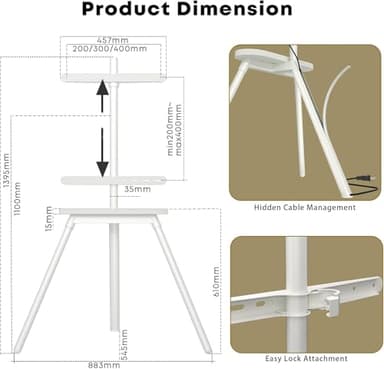 PUTORSEN Easel TV Stand for 43 to 65 inch LED LCD OLED Screens Hold up to 88lbs, Height Adjustable Tripod TV Floor Stand with Shelf/Snap Lock/Anti-Tip Strap, Max VESA 400x400mm, Matte White - Image 6