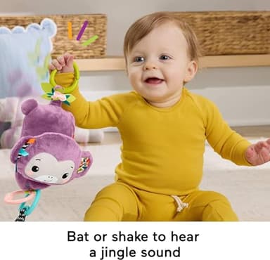 Fisher-Price Baby Stroller Toy Sing & Go Purple Monkey Musical Sensory Plush with Crinkle & Clackers for Newborns from Birth+ - Image 4