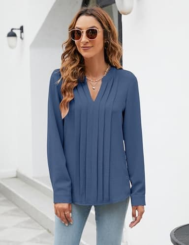 Blooming Jelly Women's Dressy Casual Blouses Business Work Tops Trendy Long Sleeve V Neck Flowy Pleated Shirts 2025 Fall Outfits (Grey Blue,Medium) - Image 8