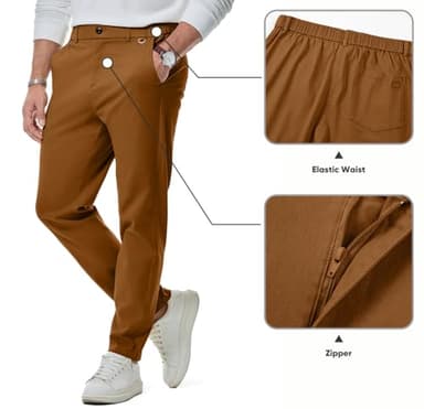 JMIERR Men's Stretch Chino Pants Business Casual Essentials Elastic Waist Classic Fit Tapered Cotton Twill Work Athletic Golf Dress Trousers, M, Camel Brown - Image 2