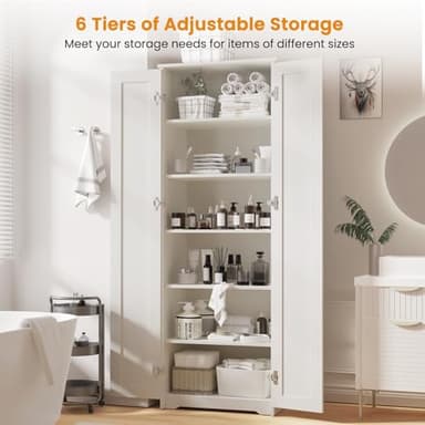 Teekyooly 70" Tall Storage Pantry Cabinet, Bathroom Floor Organizer Storage Cabinet with 2 Doors and 6 Adjustable Shelves, Standing Utility Cabinet for Dining Room, Food Storage and Kitchen, White - Image 4
