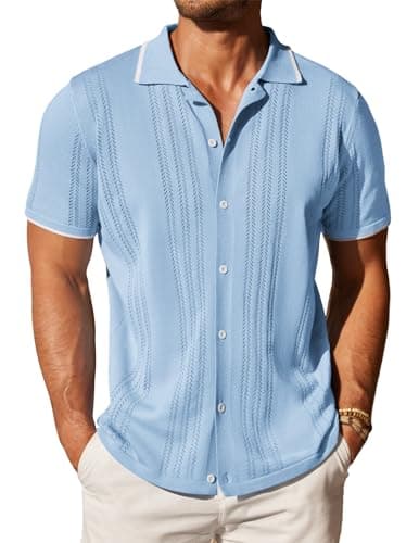 COOFANDY Men's Short Sleeve Knit Shirts Vintage Button Down Polo Casual Beach Shirt Clear Blue - Image 1