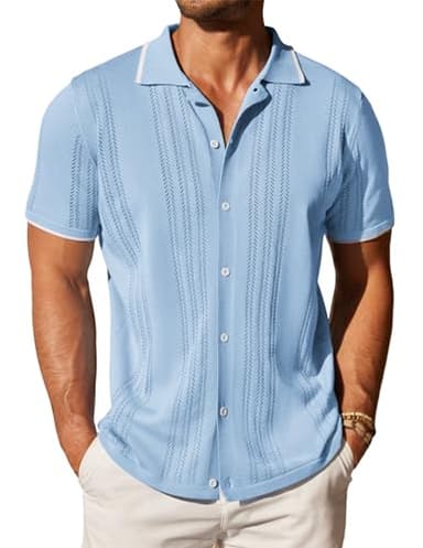 COOFANDY Men's Short Sleeve Knit Shirts Vintage Button Down Polo Casual Beach Shirt Clear Blue - Image 1
