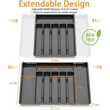 Baosia Silverware Drawer Organizer, Expandable Utensil Tray for Kitchen Drawers, BPA Free Flatware and Cutlery Holder, Adjustable Plastic Storage for Utensil like Spoons, Forks, Knives.Black - Image 3