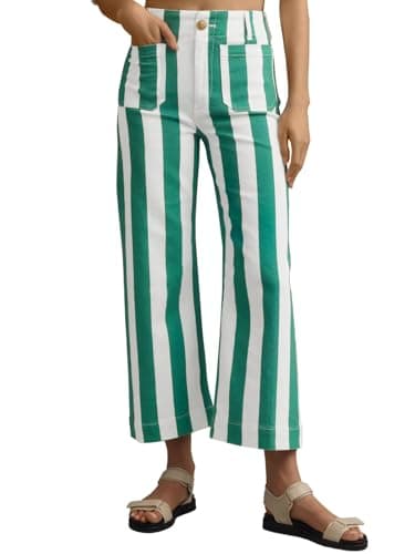 Tankaneo Womens Cropped Striped Jeans Casual High Waisted Stretchy Straight Leg Denim Pants with Pockets Green - Image 1