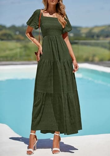 PRETTYGARDEN Womens Summer Puff Short Sleeve Maxi Dress Square Neck Smocked Tiered Ruffle A Line Long Flowy Beach Dresses (Army Green,Large) - Image 4