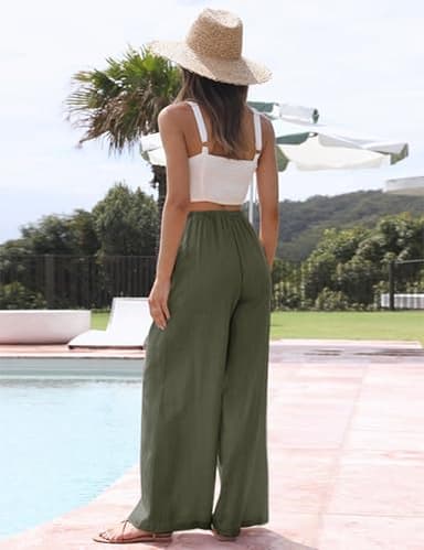Faleave Women's Cotton Linen Summer Palazzo Pants Flowy Wide Leg Beach Trousers with Pockets(ArmyGreen-XL) - Image 4