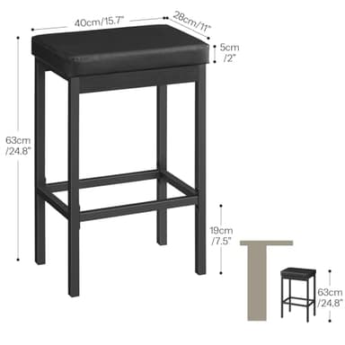 HOOBRO Bar Stools, Set of 3 Modern Black Rectangular Bar Chairs, 24.8-Inch Height, 2" Thick Upholstered Seat with High-Density Sponge, for Kitchen, Dining Room, Cafe, Bar Counter - Image 3