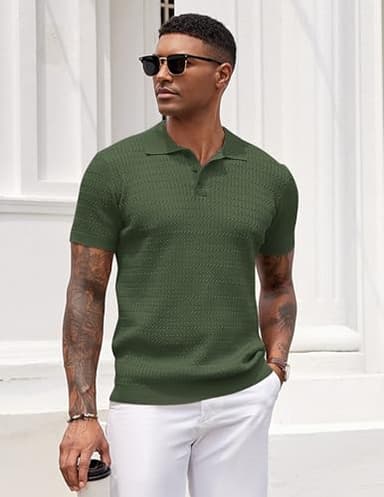COOFANDY Mens Polo Shirts Short Sleeve Knit Button Down Shirt Stretch Lightweight Resort Wear Army Green - Image 2