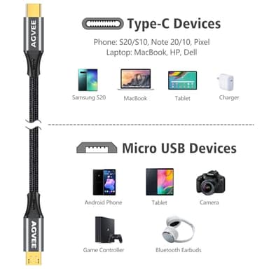 AGVEE 2 Pack 3.3ft USB-C to Micro USB Cable, Gold Plated End Tips, Braided Charger Data Sync Cord Charging Adapter for Micro USB Devices, PS4, Kindle, Android Phone, Dark Gray - Image 7