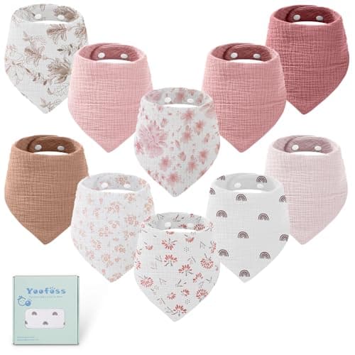 Yoofoss Muslin Baby Bibs 10 Pack 100% Organic Cotton 6-Layer Soft Absorbent Drool Bandana Baby Bibs for Drooling and Teething for Boys and Girls, Pink Flower - Image 1