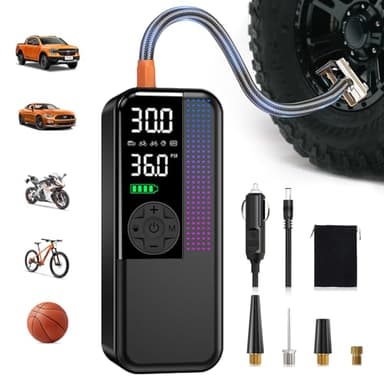 Tire Inflator Portable Air Compressor, 150 PSI Cordless Air Pump, Dual Power 6000mAh, 12V DC Car Plug, Fast Inflation 24L/Min, Auto Shut-Off, LED Light, 4 Preset Modes for Car, Bike, Motorcycle, Balls - Image 1