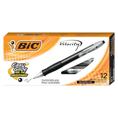 BIC Velocity Retractable Ballpoint Pens, Medium Point (1.0 mm), Black Ink Pens, 12-Count Pack, With Comfortable Grip - Image 1