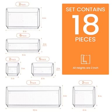 Criusia Drawer Organizer, 18 Pack Large Clear Plastic Kitchen Drawer Organizers Set, 6 Size Versatile Bathroom and Vanity Drawer Organizer Trays, Storage Bins for Makeup, Bedroom, Kitchen Utensils - Image 2
