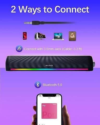 Computer Speakers, Hi-Fi Sound Quality Computer Sound Bar, Bluetooth 5.0 & 3.5mm Wired PC Speakers with 4 Dynamic Lighting Modes, USB Powered Speakers for PC, Desktop, Laptops, Phones, Monitors, Xbox - Image 4