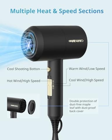 SHRATE Lightweight Ionic Hair Dryer with Diffuser - Powerful 1800W Blow Dryer for Fast Drying - Professional Low Noise Mini Hair Dryer for Travel, Gifts, Hair Styling (Black) - Image 7