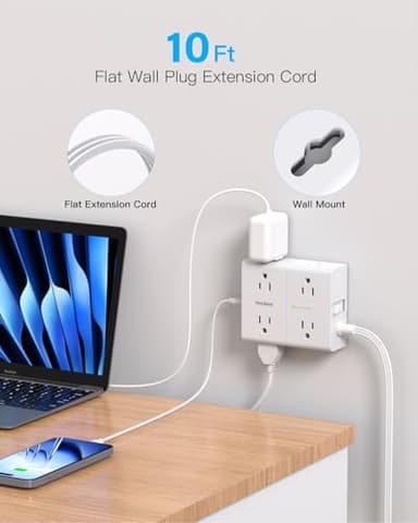 10Ft Extension Cord with Multiple Outlets, Flat Plug Power Strip Surge Protector 10 Ft Long Cord, 8 Outlet 4 USB Ports (2 USB C), Multi Outlet Wall Plug for Home Office, College Dorm Room Essentials - Image 2