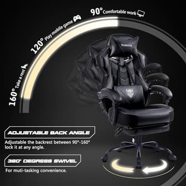Vonesse Gaming Chair, Computer Chair with Footrest and Massage, Big and Tall High Back Gamer Chair, Reclining Gaming Chairs for Adults (Classic Black) - Image 5