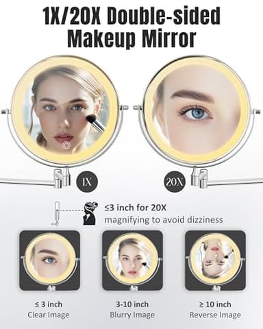 Wall Mounted Makeup Mirror with Light, 20X/1X 8'' Double Sided LED Magnifying Bathroom Lighted Vanity Mirror with Magnification, 3 Color Light up Touch Dimmable Extended Arm 360 Rotation - Image 2