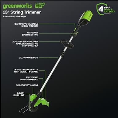 Greenworks 60V 13" Cordless String Trimmer & Leaf Blower Combo Kit, 4.0 Ah Battery and Charger Included - Image 2
