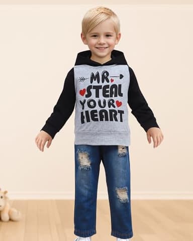 NZRVAWS Toddler Baby Boy Clothes Infant Hoodie Grey Letter Print Sweatshirt Denim Ripped Jeans Pants Outfit Set Kids Sweatsuit Fall Winter 12 18 Months - Image 2