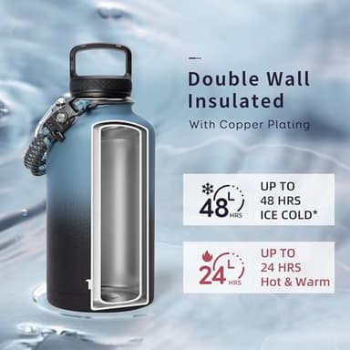 Trebo Water Bottle 64oz with Paracord Handle, Half Gallon Large Vacuum Double Wall Stainless Steel Insulated Water Jug with Holder Strap Straw Spout Lids, Leakproof Keep Cold & Hot, Indigo/Black - Image 2