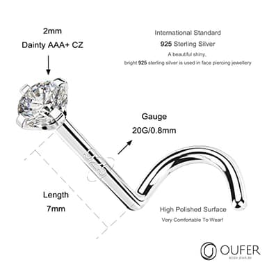 OUFER 925 Sterling Silver Nose Stud, Bone L Screw Shaped Nose Rings, 20G Nostril Solid 2mm Round CZ Nose Piercing Jewelry for Women Men - Image 4