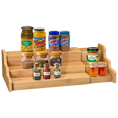 Spice Rack Kitchen Cabinet Organizer- 3 Tier Bamboo Expandable Display Shelf Yellow - Image 1