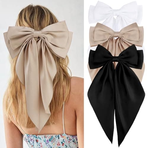 Velscrun 3Pcs Women's Hair Accessories Gifts: White, Black, and Khaki Oversized Satin Hair Bows with Long Tails, Barrettes, and Clips for Girls - Image 1