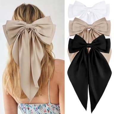 Velscrun 3Pcs Women's Hair Accessories Gifts: White, Black, and Khaki Oversized Satin Hair Bows with Long Tails, Barrettes, and Clips for Girls - Image 1