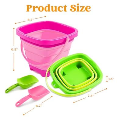 Sloosh 3 PCS Foldable Buckets with 3 Shovels, Square Sand Water Bucket Sandbox Party in Summer Collapsible Silicone Pail Bucket Toddler Kids Beach Camping Travelling Portable Toys (Blue/Pink/Green) - Image 5