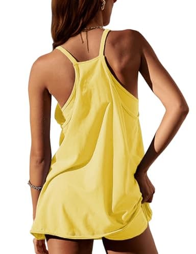 Lentta Womens Athletic Sleeveless Mini Dress with Built-in Shorts V Neck Spaghetti Strap Sundress(LightYellow-XS) - Image 2