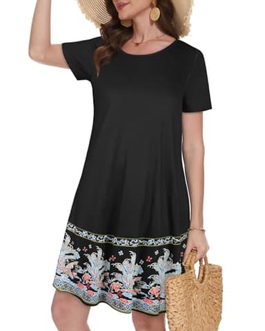 elescat Summer Dresses for Women Casual Loose Short Sleeve Sundress Scoop Neck Beach Cover Up with Pockets(Black Floral, L) - Image 3