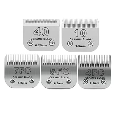 Size 40/10/7F/5F/4F Detachable Pet Dog Grooming Clipper Ceramic Blades Set,Compatible with Andis,Oster A5,Wahl KM10 Series Clippers,Cut Length 1/100"(0.25mm) to 3/8"(9.5mm),5 Pack - Image 1