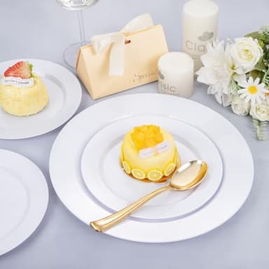 FLOWERCAT 200PCS White Plastic Plates Disposable Plates for Party - Heavy Duty Plastic Plates - 100 10" Dinner Plates and 100 7" Salad Plates for Weddings, Easter Parties and Events - Image 4