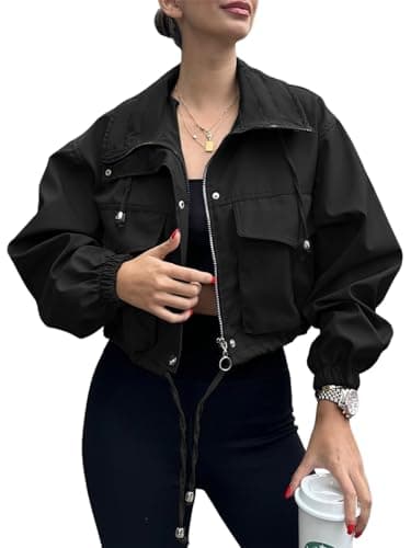 Tankaneo Womens Cropped Jacket Zip Up Lightweight Oversized Utility Anorak Coat with Pockets - Image 1
