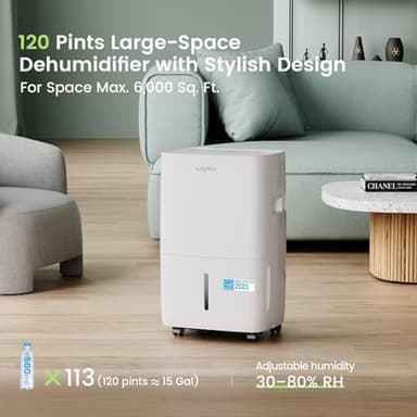 Waykar 120 Pints Energy Star Dehumidifier for Spaces up to 6,000 Sq. Ft at Home, in Basements and Large Rooms with Drain Hose and 1.14 Gallons Water Tank - Image 6