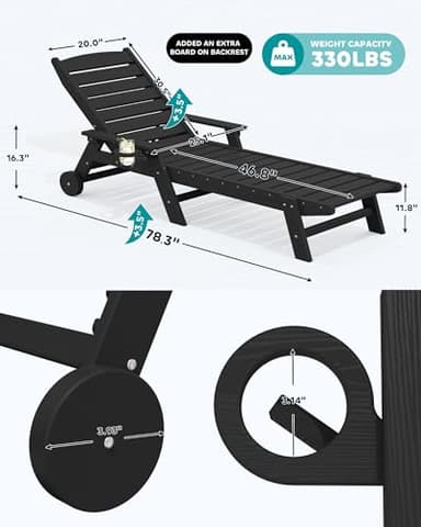SERWALL Patio Chaise Lounge Chair Set of 2, 78'' Long 5-Positions Adjustable HDPE Outdoor Lounge Chair with Rolling Wheels & Cup Holder for Poolside, Deck, Obsidian Black - Image 3