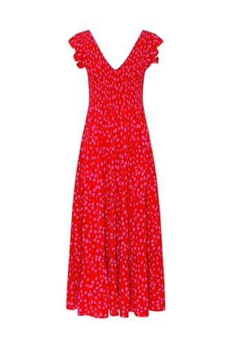 PRETTYGARDEN Women's Summer Flowy Maxi Dress Casual Cap Sleeve V Neck Smocked Beach Sundress (Print Red,X-Large) - Image 7