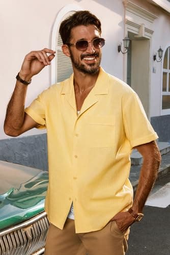 PJ PAUL JONES Cuban Shirts for Men Short Sleeve Button Down Untuckit Shirts for Summer Beach Camp Light Yellow S - Image 2