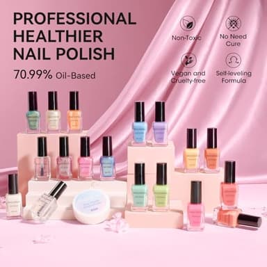 Nailshion Nail Polish Set, 16 Colors Bulk Toe Fingernail Nail Polish with Clear Base Top Coat & Remover Pads, Hema-free, Air Dry Non Gel, VE Formula, Glitter Holographic Macaroon Nude Peach Pink - Image 9