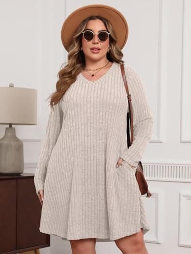 BELAROI Plus Size Sweater Dress Curvy Women Fall Dresses Winter V Neck Long Sleeve Pockets Tshirt Dress Loose Fit (2X, Apricot) - Image 3