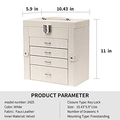 FEIYAN Large Jewelry Box,5-Tier PU Leather Jewelry Organizer with Lock,Multi-functional Storage Case with Mirror,Jewelry Organizer for Bracelets, Earrings, Rings, Necklaces (WHITE) - Image 9