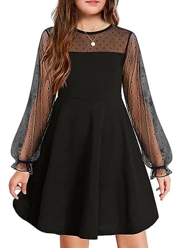 Arshiner Girl's Contrast Mesh Puff Long Sleeve High Waist A Line Black Short Dress with Pockets 9-10 Years - Image 1