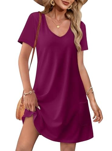 OFEEFAN Valentine's Dress for Women Summer Dresses for Women 2025 Casual V Neck Swing Short Sleeve T Shirts Dress Sundresses with Pockets A Burgundy XL - Image 1