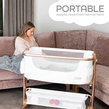 KoolerThings Baby Bassinet, Bedside Sleeper for Baby, Easy Folding Portable Crib with Storage Basket for Newborn, Bedside Bassinet, Comfy Mattress/Travel Bag Included (Bassinet) (White & Gold) - Image 4