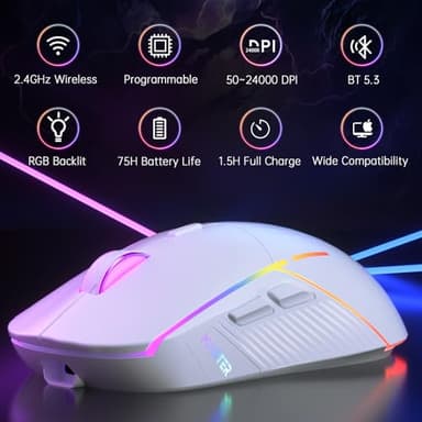 FFJ Wireless Gaming Mouse, 24000 DPI, Tri-Mode 2.4G/USB-C/Bluetooth 5.3 Gaming Mouse Wireless, RGB Programmable Mouse Gamer, 75Hrs Battery Life, Rechargeable Gaming Mice for PC, Mac, PS5, Xbox - White - Image 2
