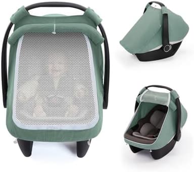 Blissful Diary Baby Car Seat Cover, Extra Large Mesh Window, Breathable Muslin Cotton, Infant Windproof Canopy, Must-Have Baby Gift - Roman Green - Image 3
