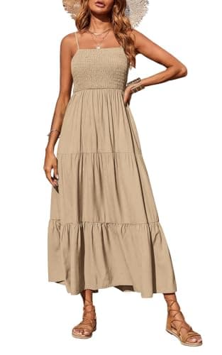 PRETTYGARDEN Women's Summer Maxi Dress 2025 Casual Boho Sleeveless Spaghetti Strap Smocked Tiered Long Beach Sun Dresses (Khaki,S) - Image 1